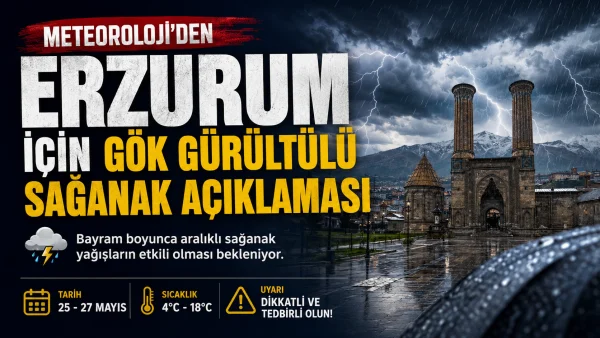 Erzurum Valiliği, Kurban Bayramı süresince kent genelinde parçalı bulutlu ve yer yer gök gürültülü sağanak yağış beklendiğini duyurdu. Vatandaşlara dikkatli olunması çağrısı yapıldı.