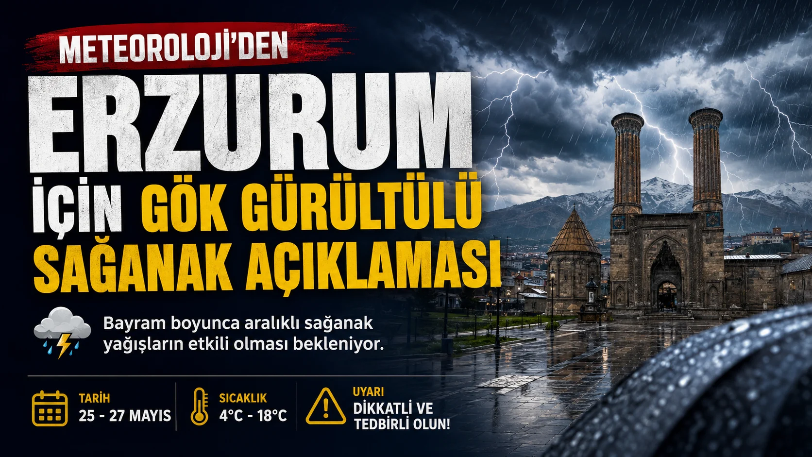 Erzurum Valiliği, Kurban Bayramı süresince kent genelinde parçalı bulutlu ve yer yer gök gürültülü sağanak yağış beklendiğini duyurdu. Vatandaşlara dikkatli olunması çağrısı yapıldı.